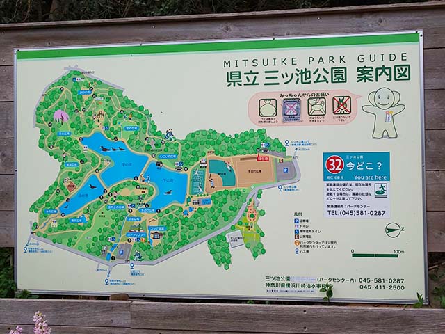 三ッ池公園の案内図。広い敷地には三つの池があります。